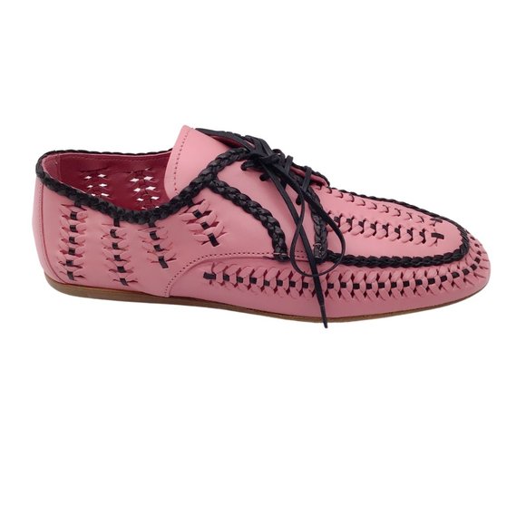 PRADA PINK / BLACK 2019 WOVEN LACE-UP MOCCASINS / FLATS - Picture 2 of 8